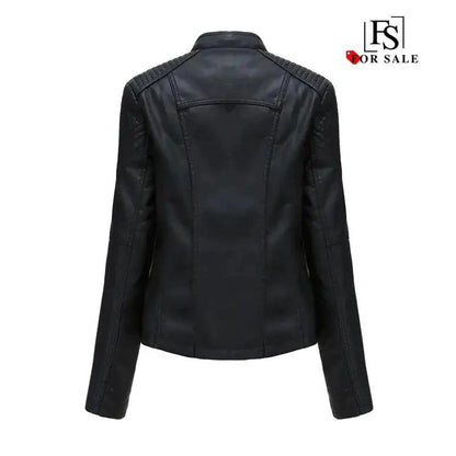 Mandotos chic black leather coat for women with zipper pockets and biker-style details, stylish and feminine outerwear.