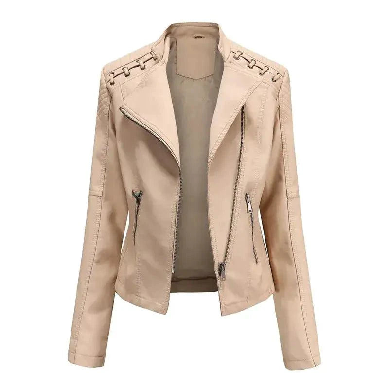 Mandotos chic black leather coat featuring feminine style, zipper pockets, and biker-inspired details for a trendy look.