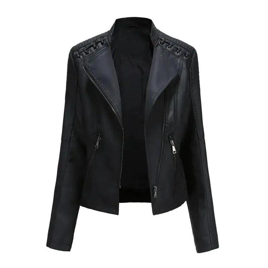 Mandotos chic black leather coat with feminine fit, zipper pockets, and biker style details for a stylish, edgy look.