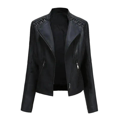 Mandotos chic black leather coat for women with zipper pockets and biker style details, stylish and feminine outerwear.