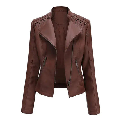 Mandotos chic black leather coat with zipper pockets, biker style details, and feminine fit for a stylish look.