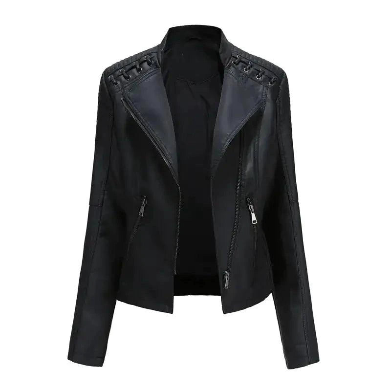 Mandotos chic feminine black leather coat with zipper pockets and biker-style details, stylish and edgy outerwear for women