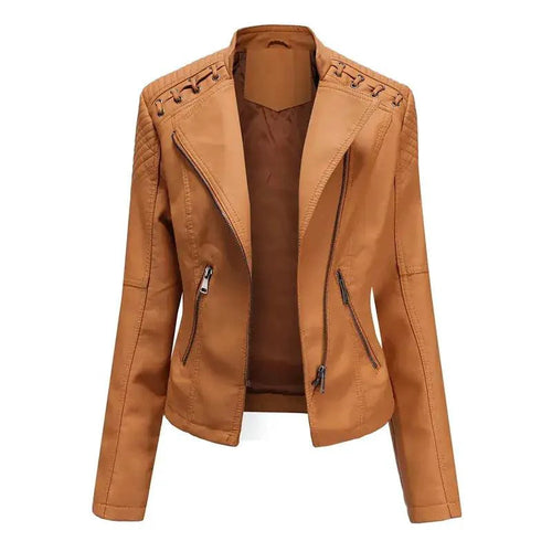 Mandotos chic feminine black leather coat with zipper pockets, biker style details, and a tailored fit for a fashionable look.
