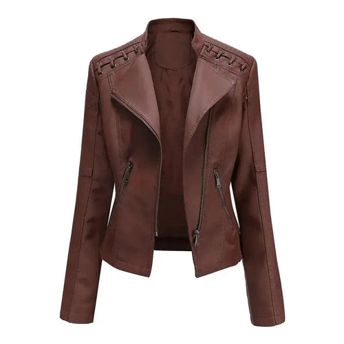 Mandotos Chic Black Leather Coat for women with zipper pockets and biker style details, showcasing a stylish, fitted design.
