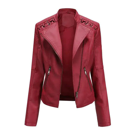 Black leather coat by Mandotos with feminine fit, zipper pockets, and biker style details, perfect for a chic edgy look.