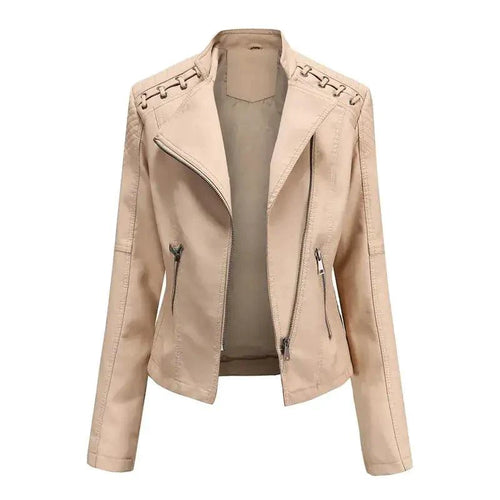 Mandotos chic black leather coat with feminine fit, zipper pockets, and biker-style details, perfect for a stylish edgy look.