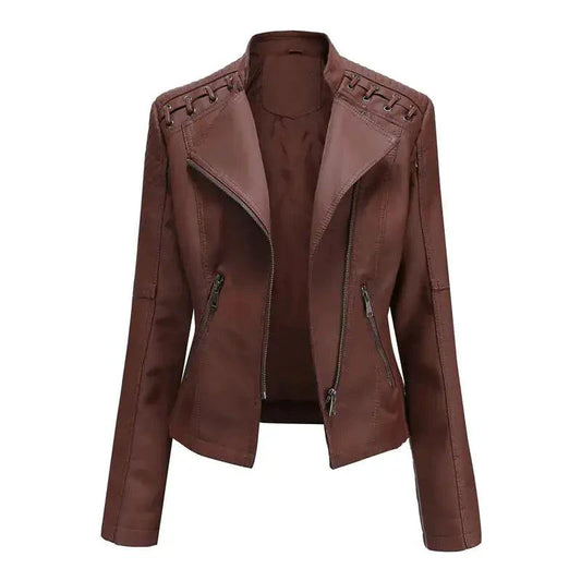 Mandotos Chic Feminine Black Leather Coat with zipper pockets and biker style details, stylish women's outerwear.