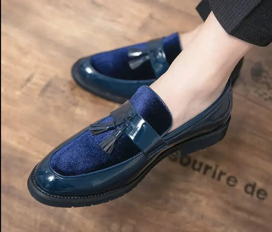 Mandotos men's blue leather loafers featuring a college-inspired design, handcrafted dress shoes with a sleek, polished finish.