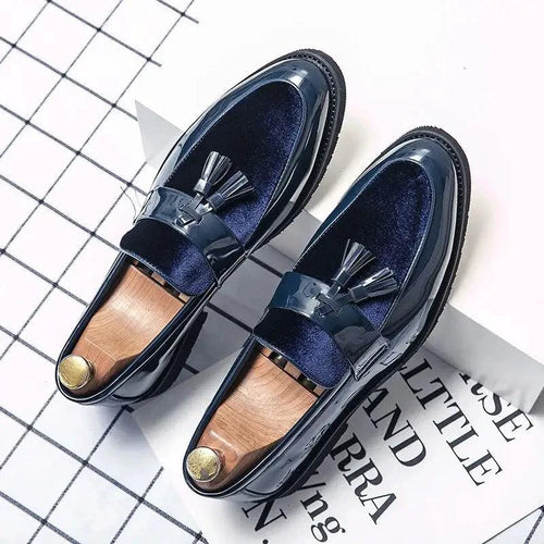 Blue Mandotos men's leather loafers featuring a college-inspired design, handcrafted dress shoes with a polished finish.