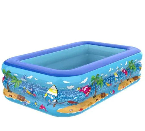 Colorful Mandotos kids inflatable pool with cartoon graphics, made of durable PVC, perfect for outdoor backyard summer fun.