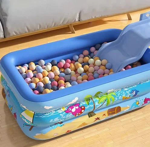 Colorful Mandotos kids inflatable pool with cartoon graphics, durable PVC construction, perfect for outdoor backyard summer fun