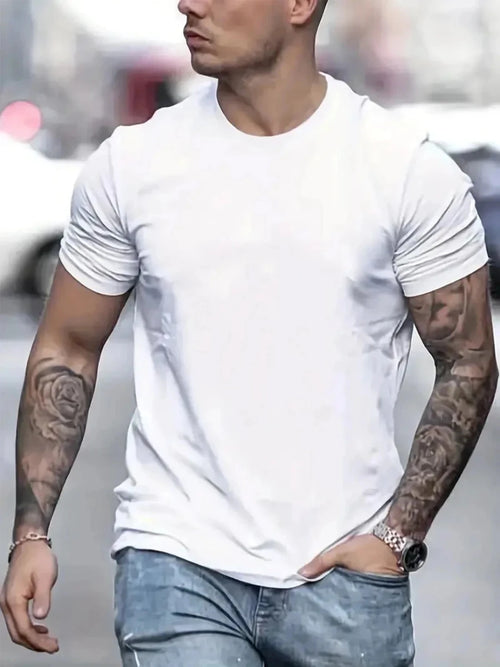 Set of five MANDOTOS cotton T-shirts in short sleeve, O-neck, casual oversize style for men and women, displayed flat in neutral colors.