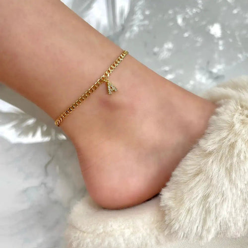 Mandotos crystal A-Z letter initial anklet for women, stainless steel Cuban link beach anklet with sparkling crystal accents.