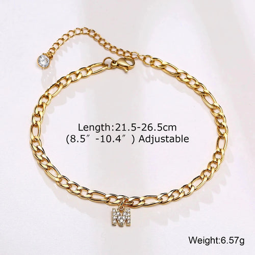 Mandotos Crystal A-Z letter initial anklet for women, Cuban link stainless steel beach anklet with sparkling crystal accents.