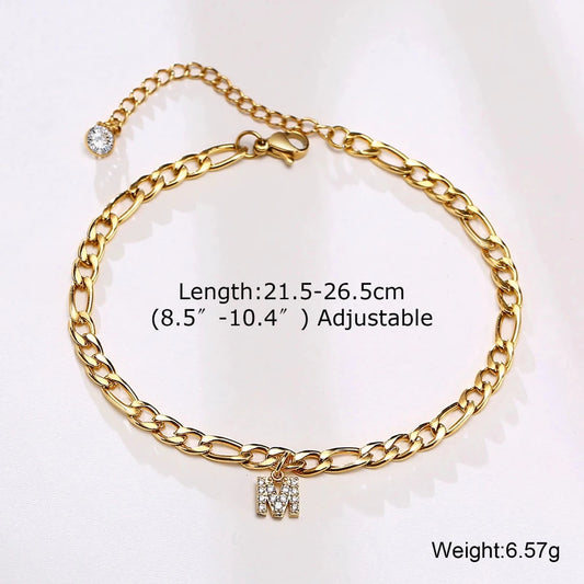 Mandotos Crystal A-Z letter initial anklet for women, Cuban link stainless steel beach anklet with sparkling crystal accents.