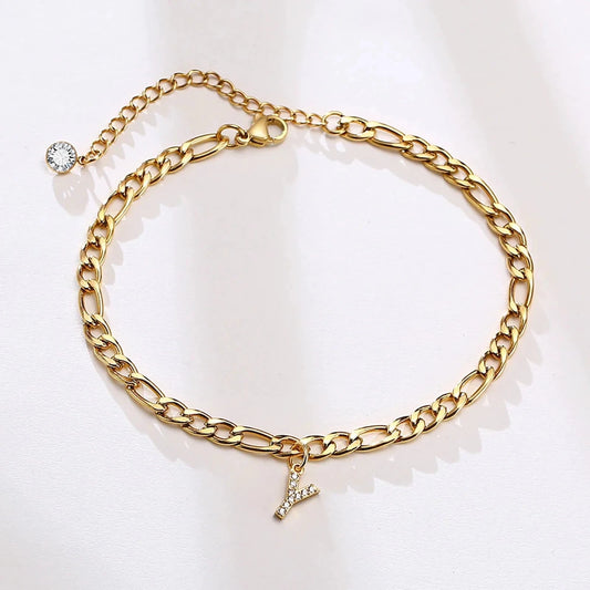 Mandotos crystal A-Z letter initial anklet for women with Cuban link stainless steel design, beach-ready accessory.