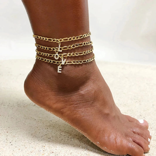 Mandotos crystal A-Z letter initial anklet with Cuban link design, stainless steel beach ankle bracelet for women.