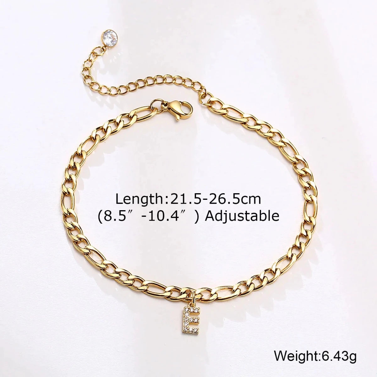 Mandotos crystal A-Z letter initial anklet for women, stainless steel Cuban link beach anklet with sparkling crystal details.