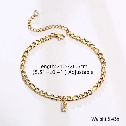 Mandotos crystal A-Z letter initial anklet for women, stainless steel Cuban link beach anklet with sparkling crystal details.