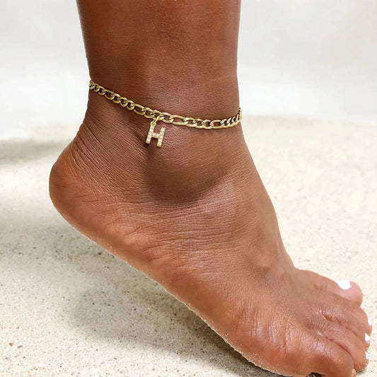 Mandotos crystal A-Z letter initial anklet for women with Cuban link stainless steel beach design