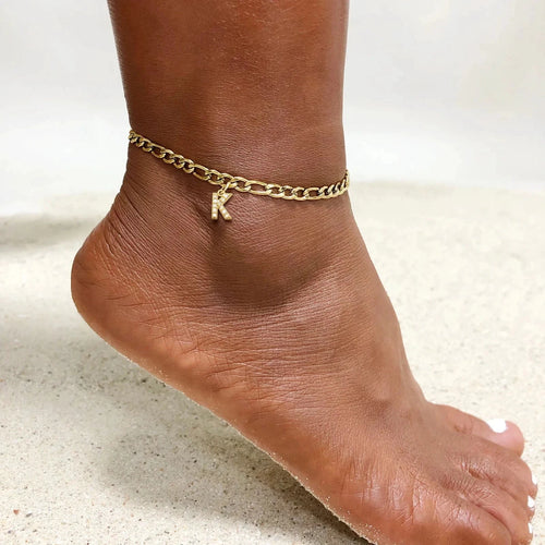 Mandotos crystal A-Z letter initial anklet for women with Cuban link stainless steel design, beach-ready jewelry accessory