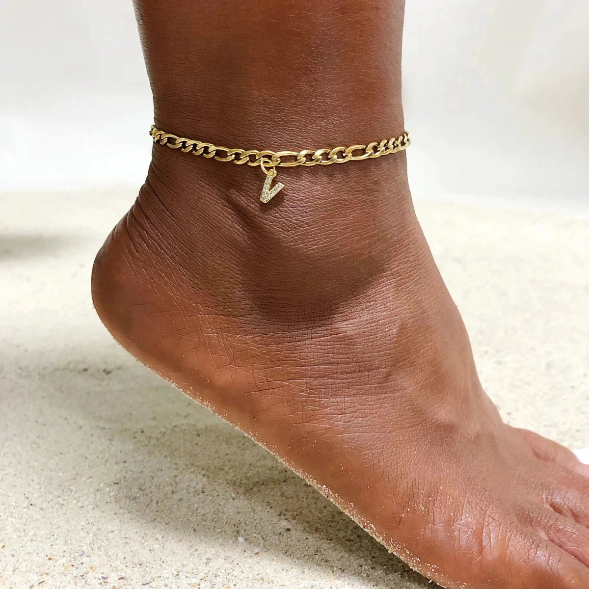 Mandotos crystal A-Z letter initial anklet for women, Cuban link stainless steel beach anklet with sparkling crystal accents.