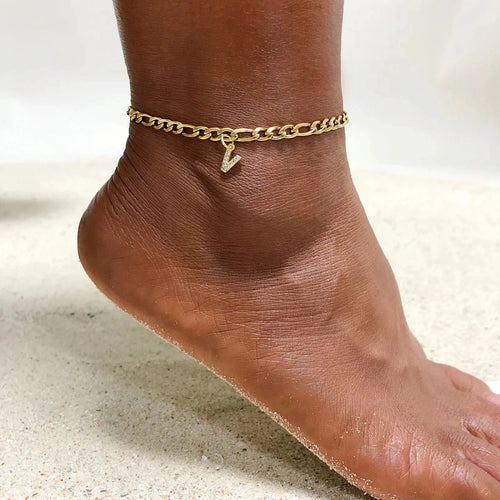 Mandotos crystal A-Z letter initial anklet for women, Cuban link stainless steel beach anklet with sparkling crystal accents.