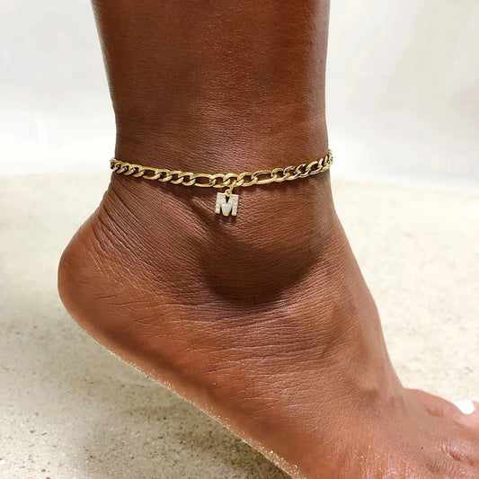 Mandotos crystal A-Z letter initial anklet for women with Cuban link stainless steel chain, beach-ready jewelry accessory