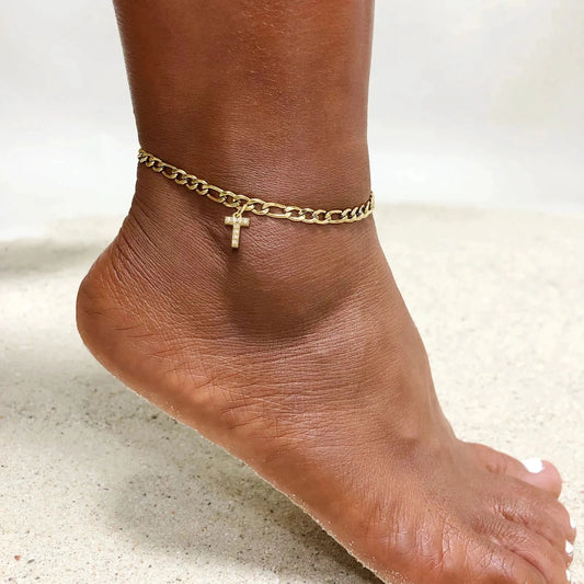 Mandotos crystal A-Z letter initial anklet for women with Cuban link stainless steel design, beach-ready accessory.