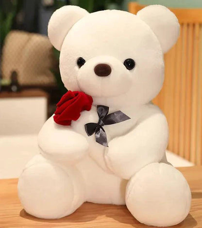 Mandotos Cuddly Rose Teddy Pillow with red rose detail and plush bear in 25, 35, or 45 cm size, soft and decorative.