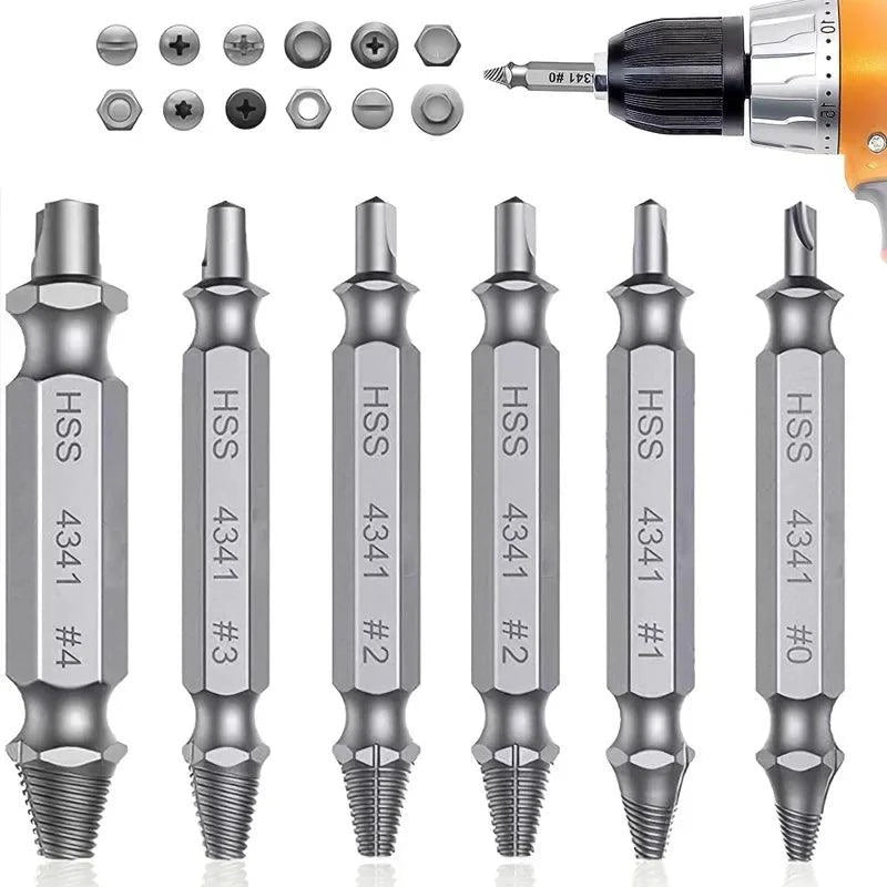Mandotos damaged screw extractor set with 6 HSS drill bits for removing stripped screws and broken fasteners.