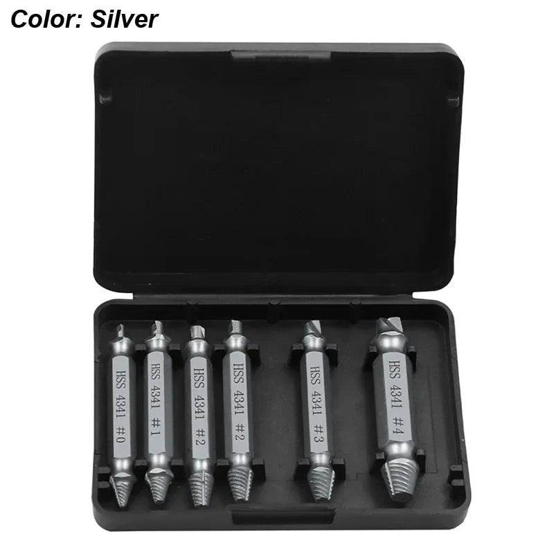 Mandotos damaged screw extractor set with 6 HSS drill bits for removing stripped screws, shown in the image.