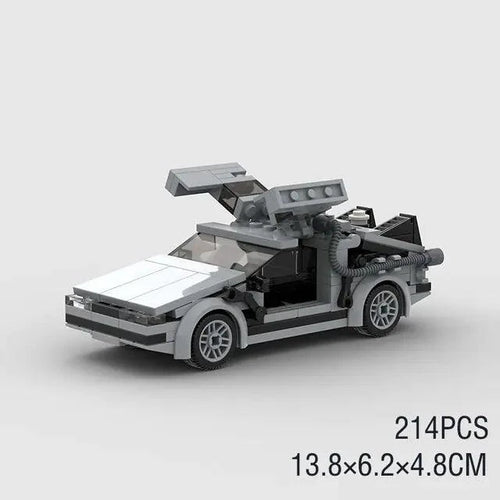 Mandotos DeLorean time travel set with 214 gray pieces, detailed model building toy for creative play and collection.