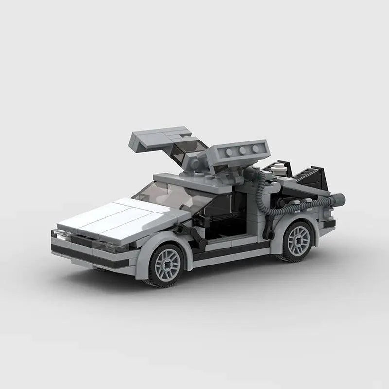 Mandotos DeLorean Time Travel Set with 214 gray building pieces for detailed model construction and imaginative play.
