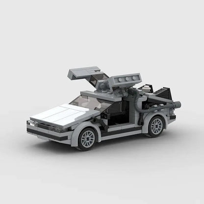 Mandotos DeLorean Time Travel Set with 214 gray building pieces for detailed model construction and imaginative play.