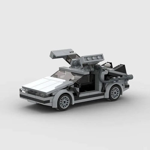 Mandotos DeLorean Time Travel Set with 214 gray building pieces for detailed model construction and imaginative play.
