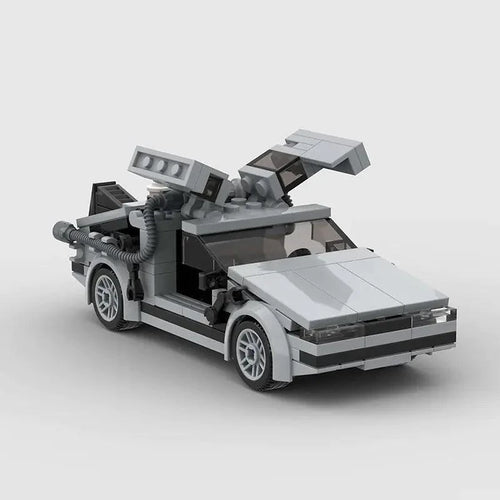 Mandotos DeLorean time travel set with 214 gray building pieces, featuring detailed car model and accessories for imaginative play.