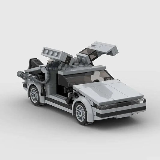 Mandotos DeLorean time travel set with 214 gray building pieces, featuring detailed car model and accessories for imaginative play.