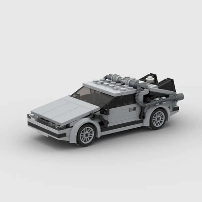 Mandotos DeLorean Time Travel Set with 214 gray building pieces, detailed model for creative play and display.