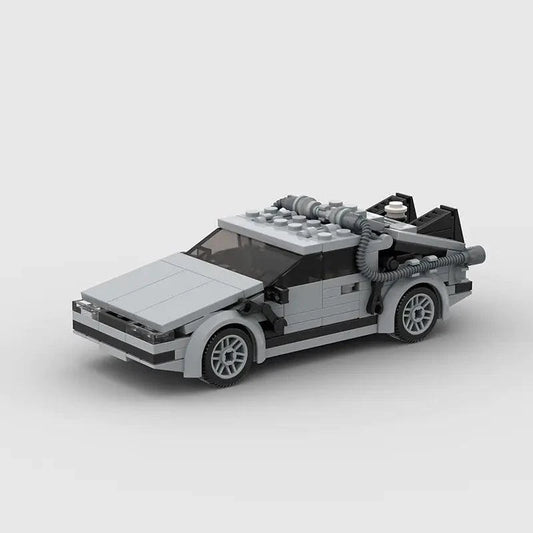 Mandotos DeLorean Time Travel Set with 214 gray building pieces, detailed model for creative play and display.