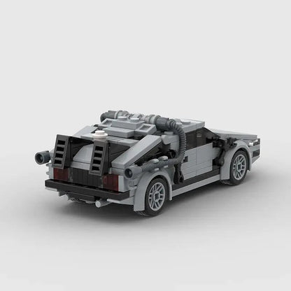 Mandotos DeLorean time travel set with 214 gray pieces, featuring detailed model parts for building a DeLorean replica.