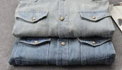 Mandotos denim long sleeve shirt with classic casual style, durable denim fabric, perfect for everyday wear in all seasons