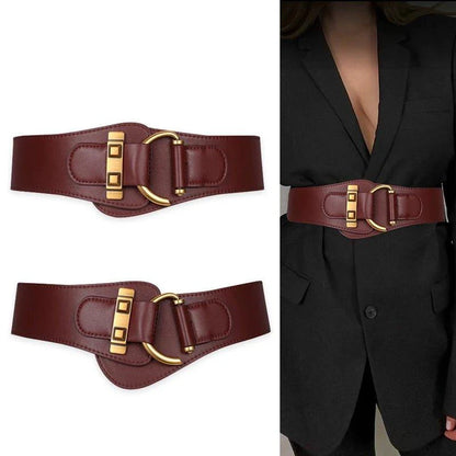 Mandotos burgundy leather women's waist cummerbund belt with gold buckle, wide stretch design for stylish fashion accessory.