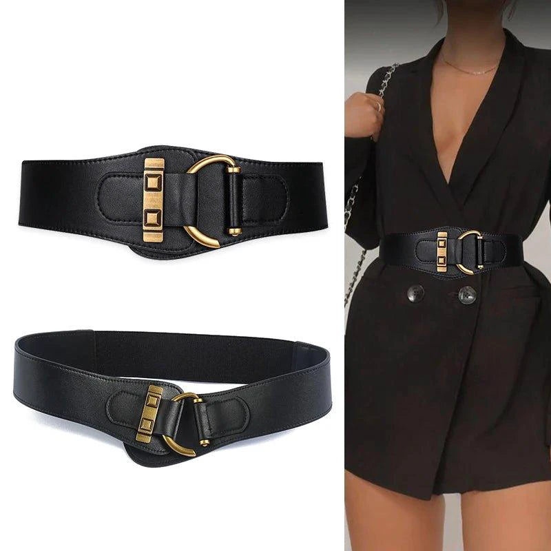 Mandotos women's waist cummerbund belt in burgundy leather with gold buckle, wide stretch design for stylish fit.