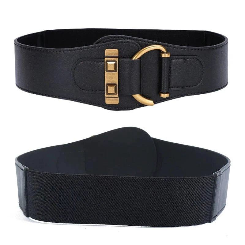 Mandotos designer women's waist cummerbund belt in burgundy leather with gold buckle and wide stretch fit.