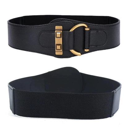 Mandotos designer women's waist cummerbund belt in burgundy leather with gold buckle and wide stretch fit.