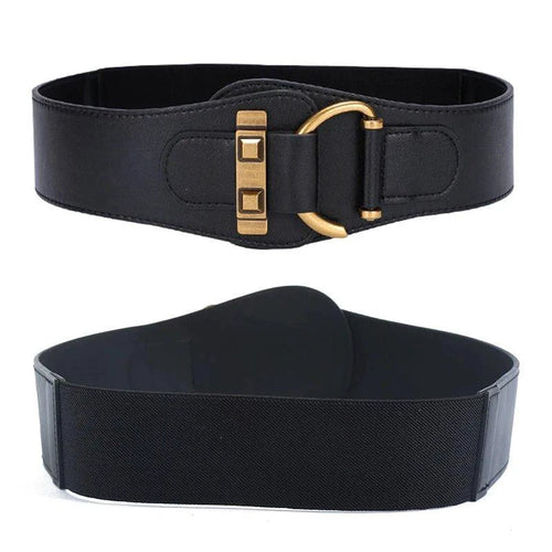 Mandotos designer women's waist cummerbund belt in burgundy leather with gold buckle and wide stretch fit.