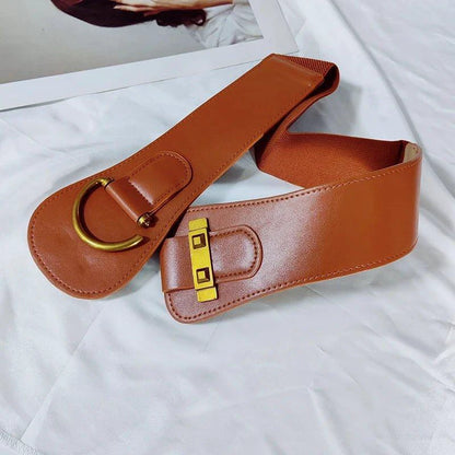Mandotos women's burgundy leather waist cummerbund belt with gold buckle, wide stretch design for a stylish fit.