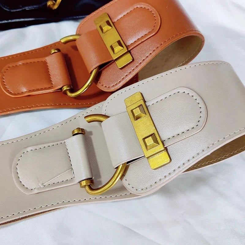 Mandotos designer women's burgundy leather waist cummerbund belt with wide stretch and gold buckle, stylish and elegant accessory