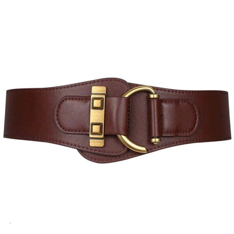 Mandotos women's burgundy leather waist cummerbund belt with wide stretch and gold buckle for stylish fashion accessory.